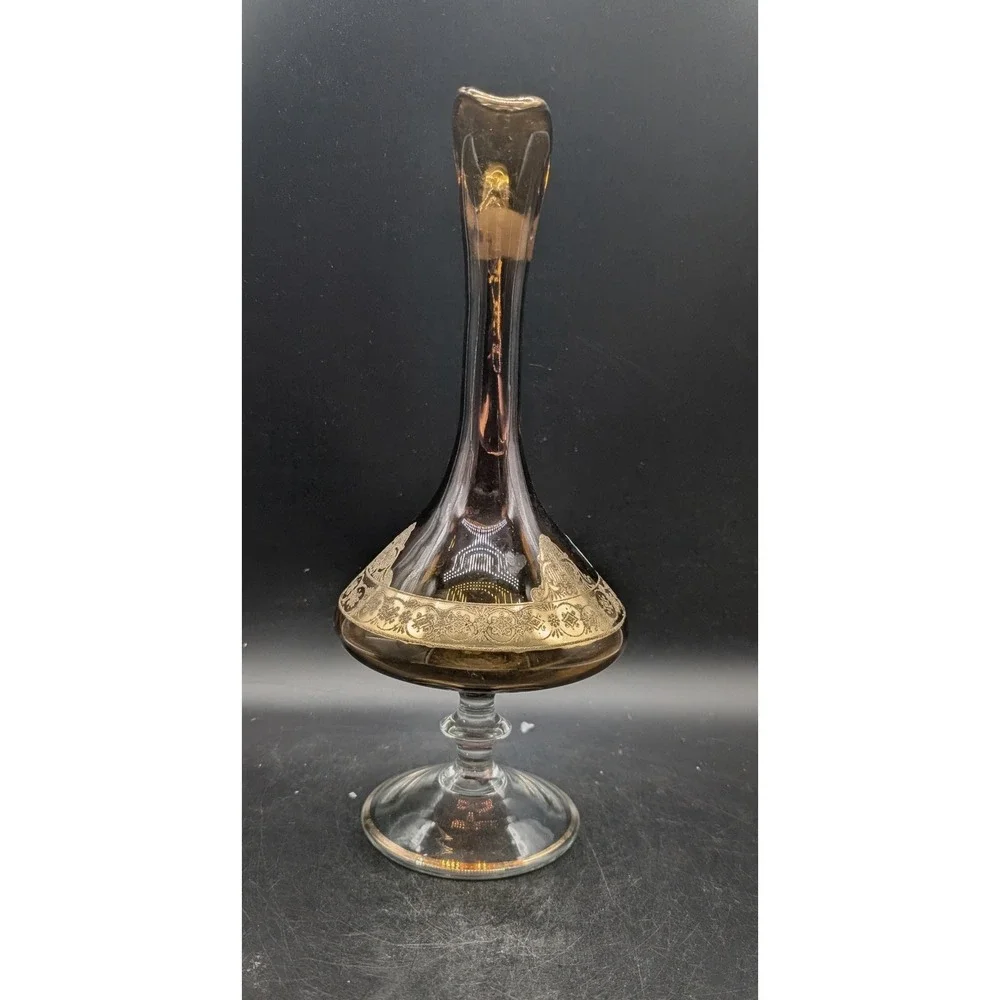 Vintage Amber Smoke Glass Decanter Gold Encrusted Floral Scroll Pedestal Handle